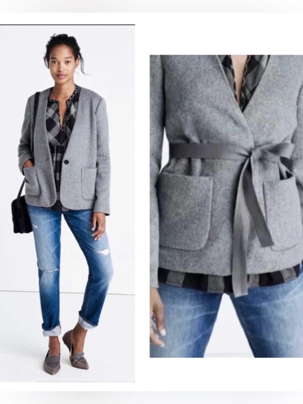 Madewell Gray Belted Wool-Blend Blazer